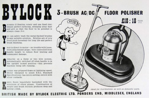 Advert for a Bylock Floor Polisher made by Bylock Electric Ltd.