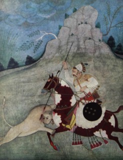 Maharaja Kesari Singh on horseback overcoming a lioness.