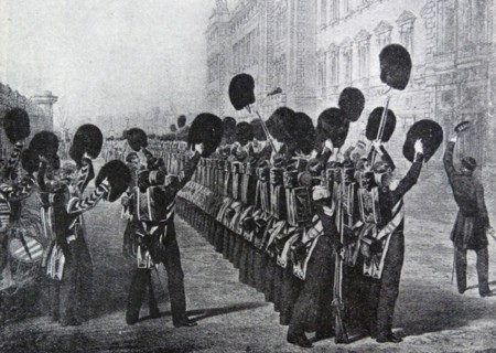Scots Guards cheer the Queen of Great Britain