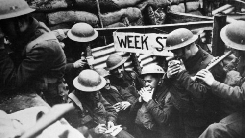 British soldiers in a trench shelter in London