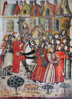 Miniature showing a new knight of the Bath riding through the courtyard of the Tower of London