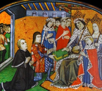 Anthony Woodville and William Caxton presenting the first printed book in English to King Edward IV