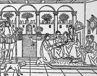 Woodcut depicting Masuccio da Salerno presenting his 'Novellino' to a noble lady