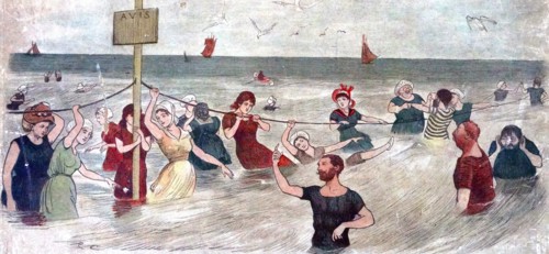 Illustration of French bathers in the sea off the coast in the South of France.