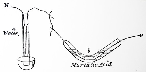 Two of Faraday's experiments in eletrolysis. Left, the electrolysis of water and, right, of muriatic acid* These experiments laid the foundations of modern electrolytic analysis