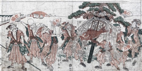 Woodcut illusration of the seven lucky gods of Japan. Dated c1890
