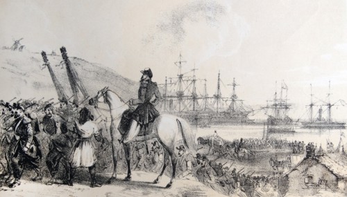 Tinted lithograph of the French depot and landing place