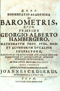 Title page of 'Dissertatio academica de barometris' by Georg Albrecht Hamberger