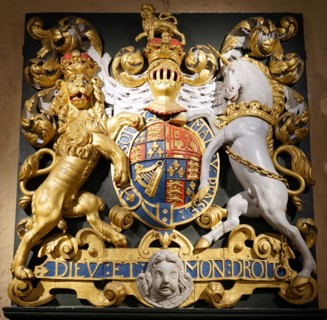 Carved and painted wooden coats of arms of the Stuart Kings