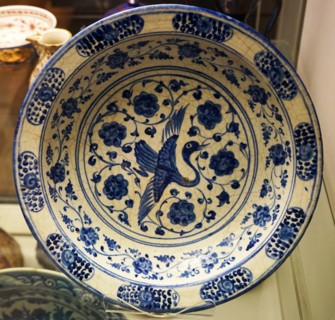 Dish with flying crane and arabesque design