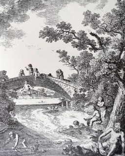 Engraving depicting groups of young men and children swimming in a stream