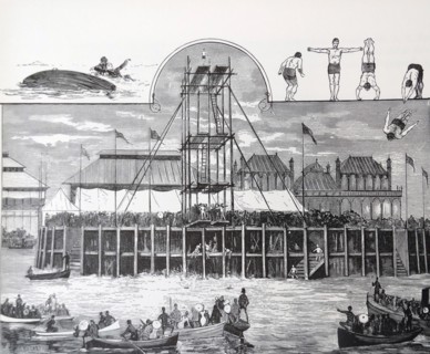 Engravings depicting scenes from Stockholm's swimming and siminrättning