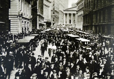 crowds gathering in Wall Street