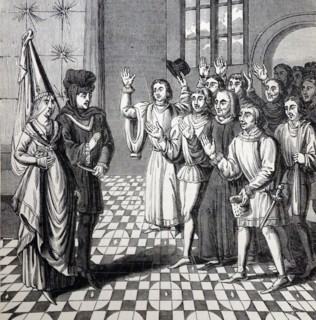 The entry of King John of Montfort and his Duchess Joanna of Flanders