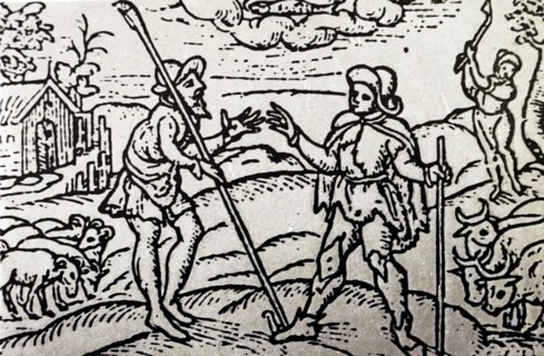 Woodblock print depicting farmers with animals