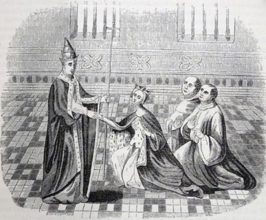 Engraving of Queen of Naples with pope Clement VII