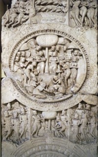 Central roundel depicting the gift of food to the Buddha from a Stupa