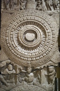 Railing depicting lotuses and dancing dwarfs