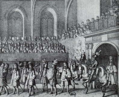 Engraving depicting King James II's Champion performing a Challenge