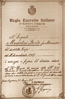 Document authorising Benito Mussolini to receive the Badge for wounded and mutilated in the Great War