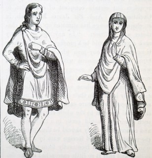 Engraving depicting typical fashion of a male and female Anglo-Saxon