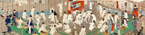 Naked bodies compared to irises in hot water, by Toyonaka