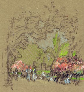 Benches in Kensington Park by American Artist Joseph Pennell