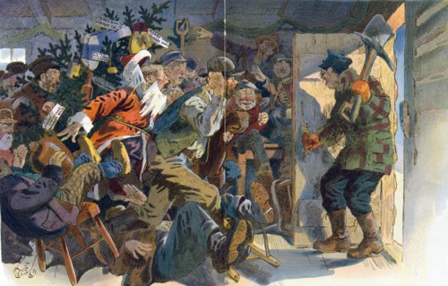 Christmas in a mining camp by 1869-1944, artist. 1912.