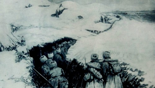 WWI Russian troops advance through a snow covered trench in Galicia.
