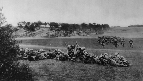 A French army position with soldiers preparing masks against gas attack.