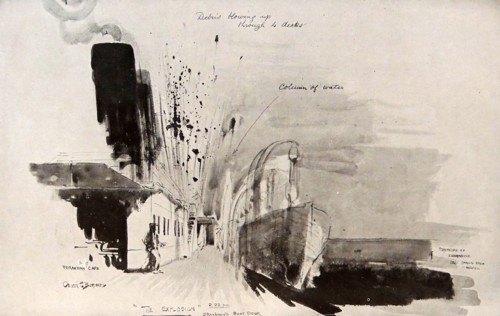 Damage to the SS Lusitania as she sinks below the surface of the sea.