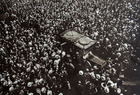 Paris crowds throng to greet General Pershing and General Joffre.