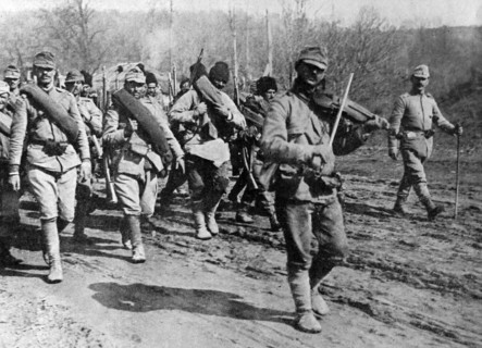 Rumanian soldiers march to war.