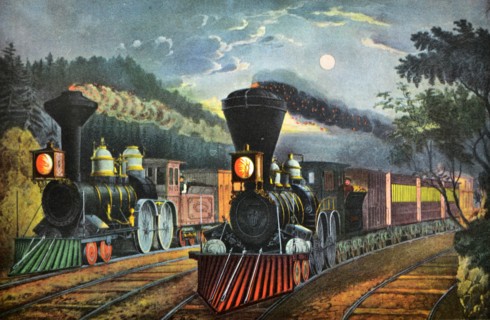 Currier & Ives Illustration. The Lightning Express Trains, 'Leaving the Junction'