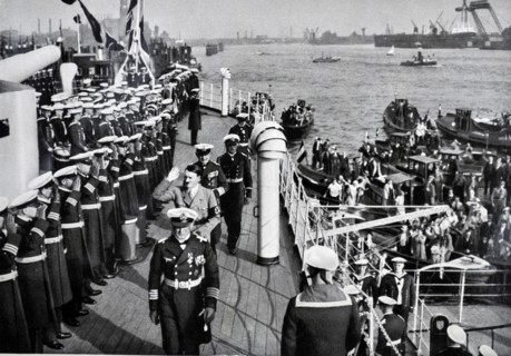 German naval ship receives a visit by Hitler