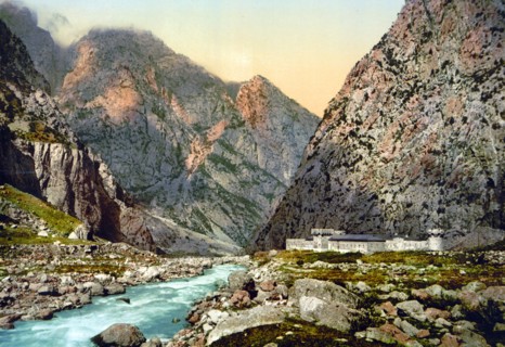 Military road with fortress in the Dariel Ravine, Caucasus, Russia