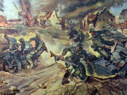German WWII postcard showing an attack by German forces on a town in Russia