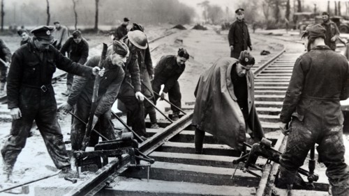 British soldiers fix railway tracks in northern France, during the battle of France 1940