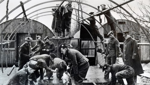 British soldiers build accommodation at a barracks, in northern France, 1940