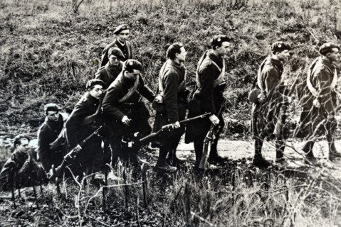 British Scottish, soldiers leave a bunker within the Maginot Line, France 1940