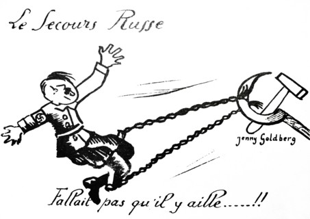 Cartoon depicting Russia chaining Adolf Hitler