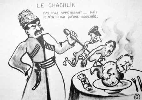 Cartoon depicting Stalin spiking Goebbels, Hitler and goring