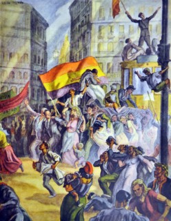 Spanish civil war: Jubilant Republicans at the Puerta del Sol, Madrid