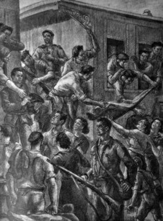 Spanish Civil War: anarchists seize a train in 1936 drawing by J. Valverde