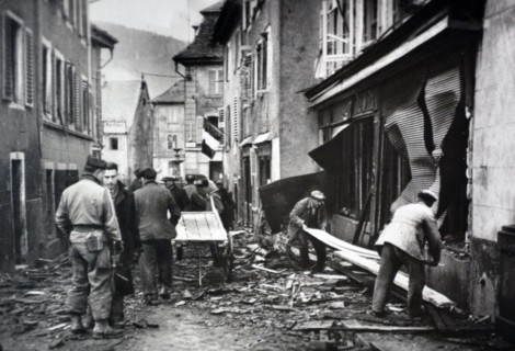 Citizens attempt to clear damaged buildings in Alsace Lorraine, 1944