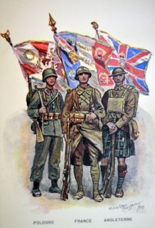 French WWII postcard showing the soldiers and flags of Britain, France and Poland