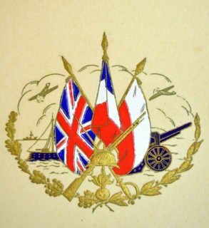 British WWII postcard showing the flags of Britain, France and Poland