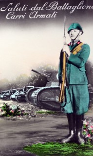 Italian world War Two postcard showing an infantry soldier with rifle near a line of tanks