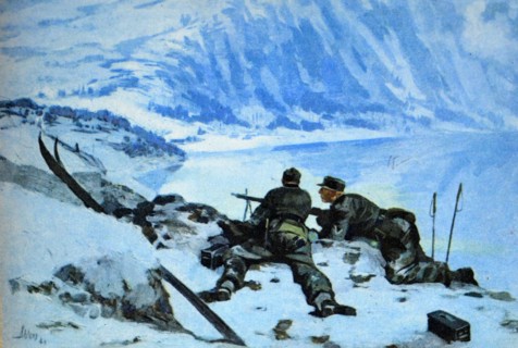 German world War Two postcard showing the advance troops of the German army above the Norwegian town of Narvik. In 1940