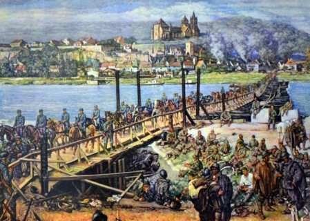Postcard showing the German army crossing the West-bank of the Rhine